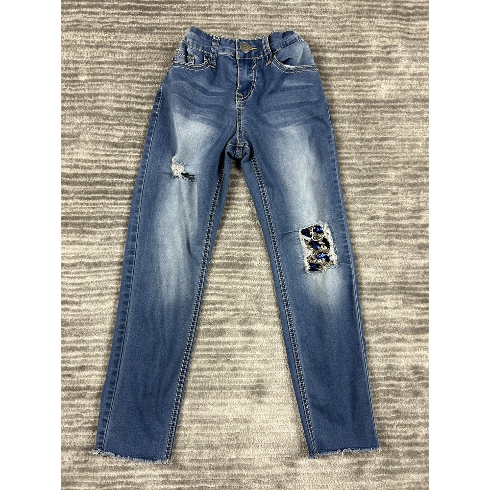 Vigoss Jeans Girls Size 10 Blue Austin Ankle Skinny Distressed Sequin Leopard‎